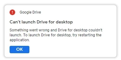 Não é possível iniciar o Drive para Desktop