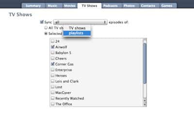 Selecionando programas de TV para sincronização