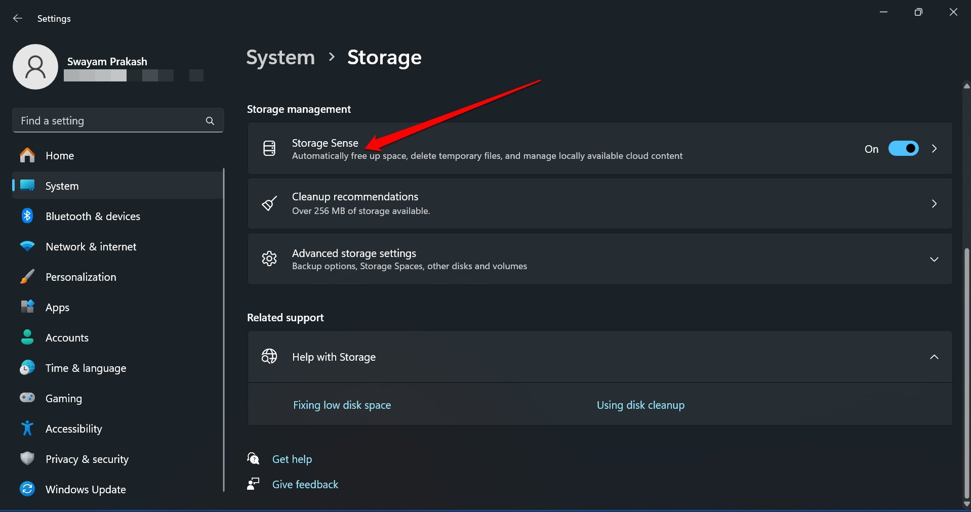 abilita storage sense in Windows 11