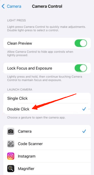 Sous la section 'Lancer la caméra', appuyez sur 'Double clic'.