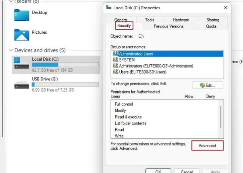 Controlla le impostazioni di sicurezza della tua unità - Errore 0x800701B1 su PC Windows