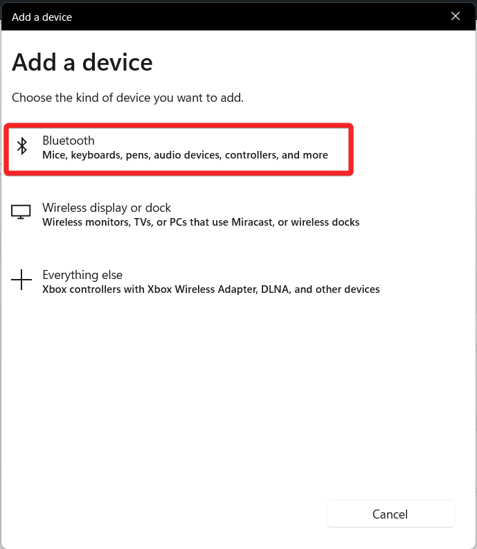Choisissez Bluetooth dans l'écran contextuel
