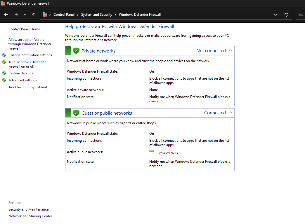 Disable Windows Defender Firewall