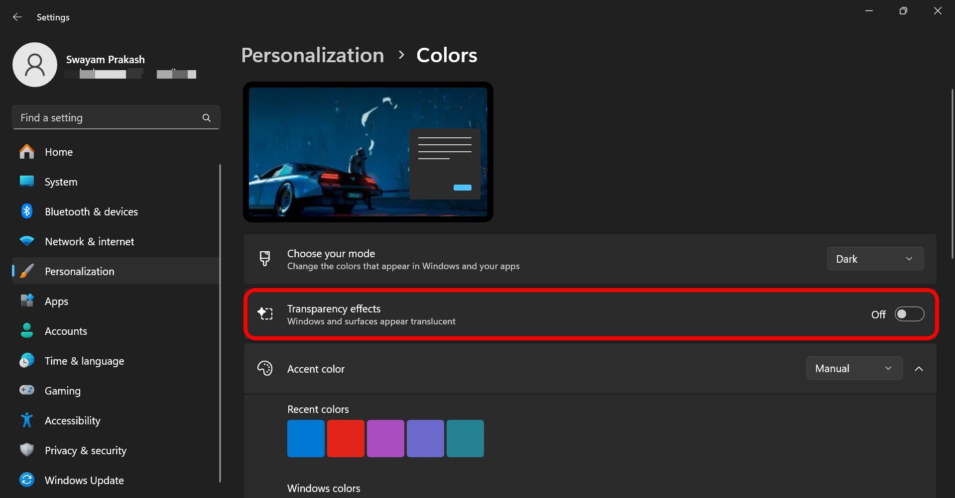 Windows 11에서 투명도 효과 끄기