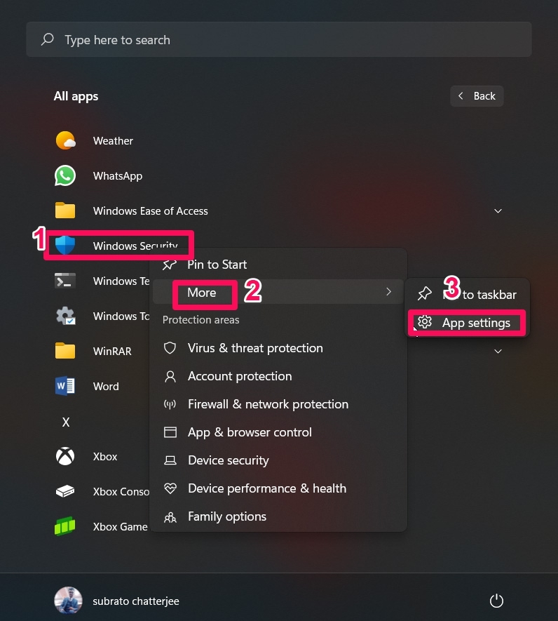 Windows 보안 앱 초기화
