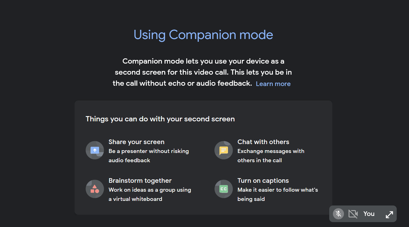 funciones del modo compañero de google meet