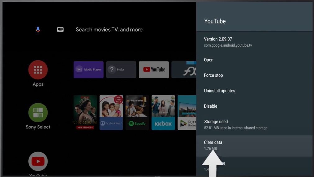 effacer les données de l'application youtube sur android tv