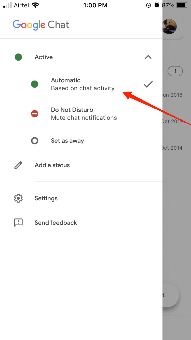 Google Chat 상태로 활성 선택
