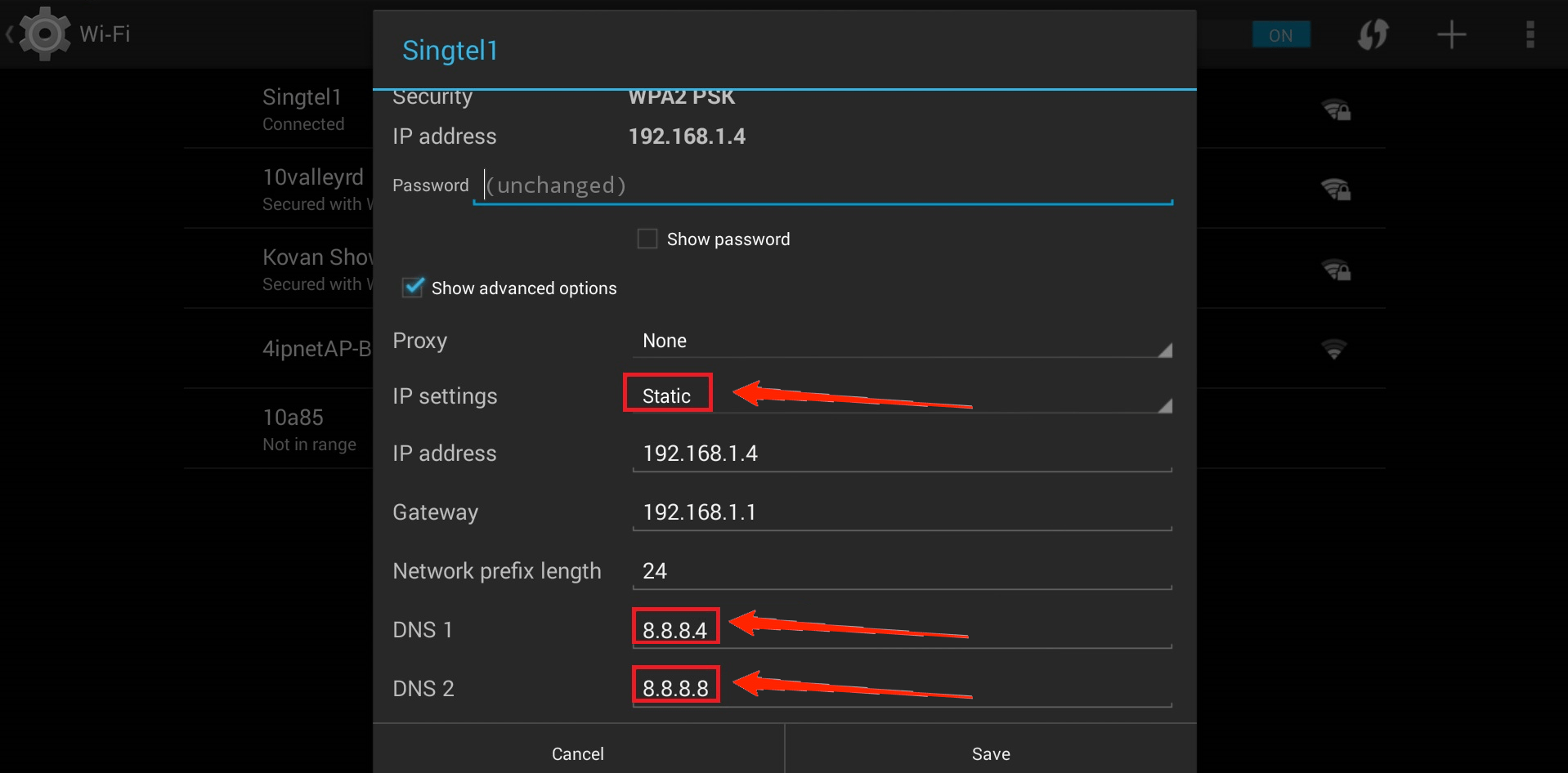 cambiar configuración de ip android tv