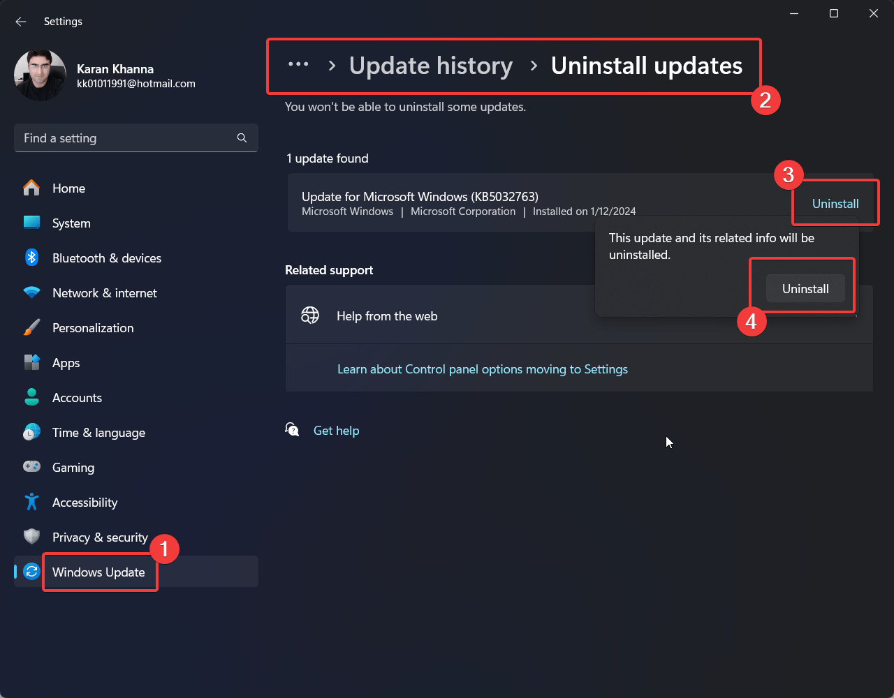 Disinstalla aggiornamenti