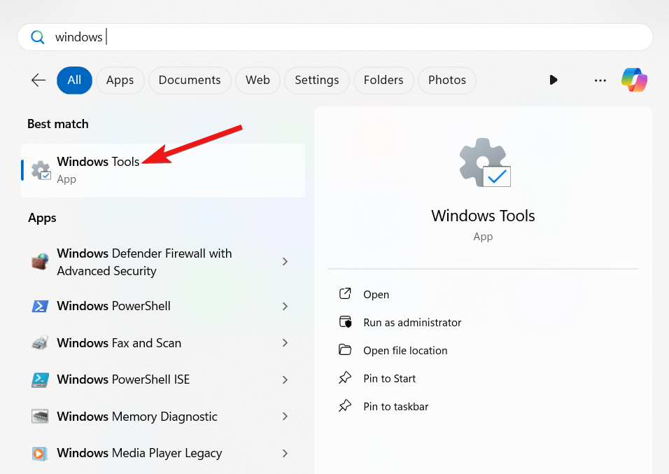 Elegir herramientas de Windows del resultado de búsqueda
