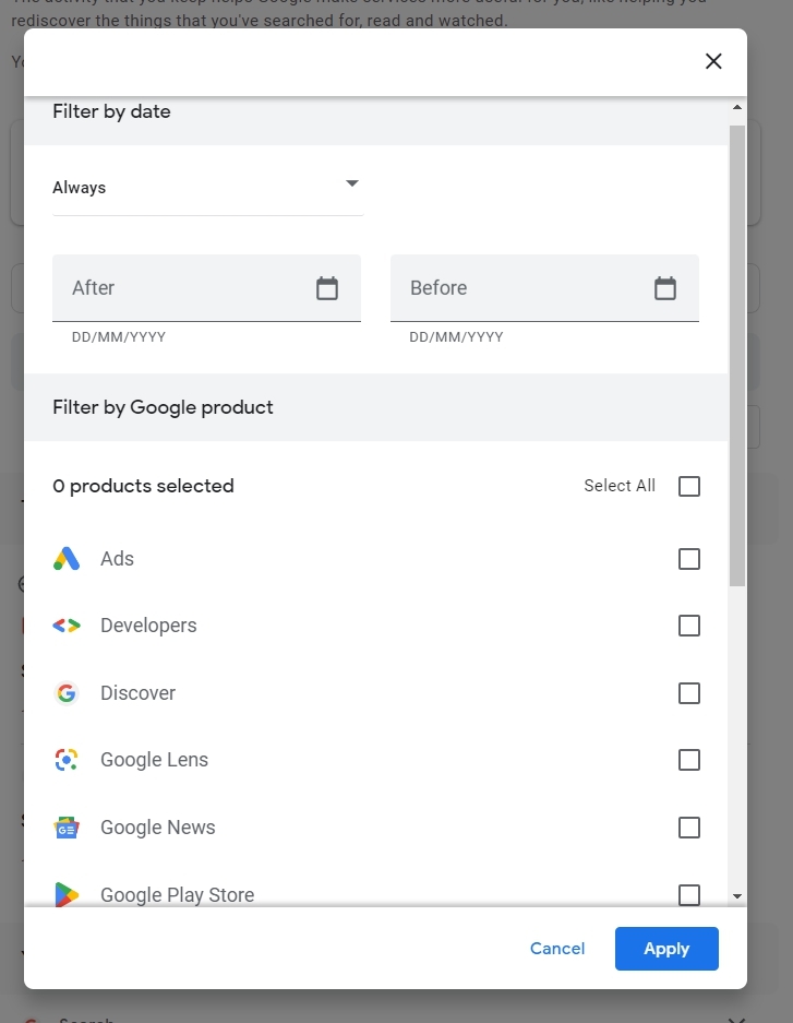 日付と製品でフィルタ - Google マイアクティビティ