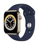애플 워치 시리즈 6 (GPS + 셀룰러, 44mm) - 금색 스테인리스 스틸 케이스와 딥 네이비 스포츠 밴드