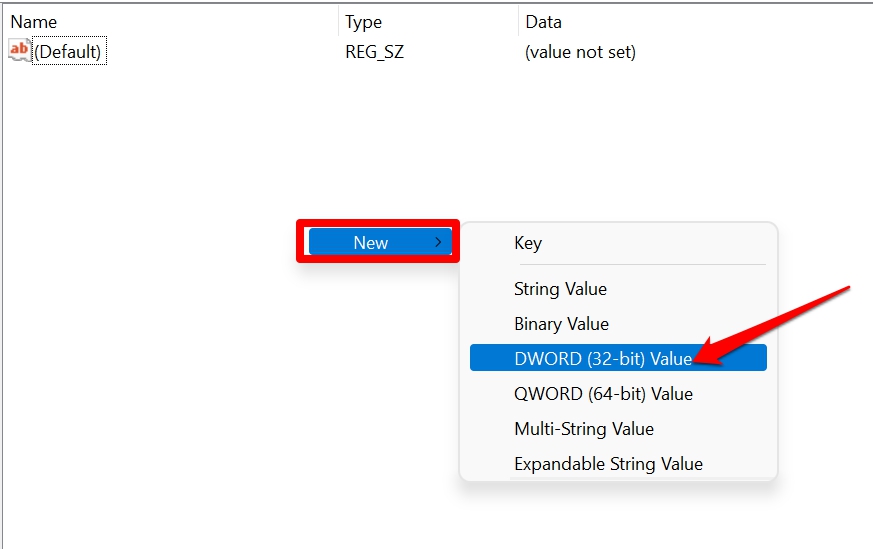 crea un nuovo valore dword 32 bit