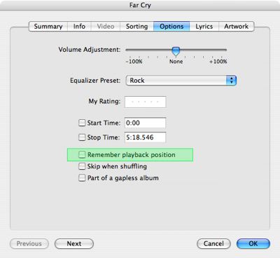 iPodでの再生位置の一時停止と記憶