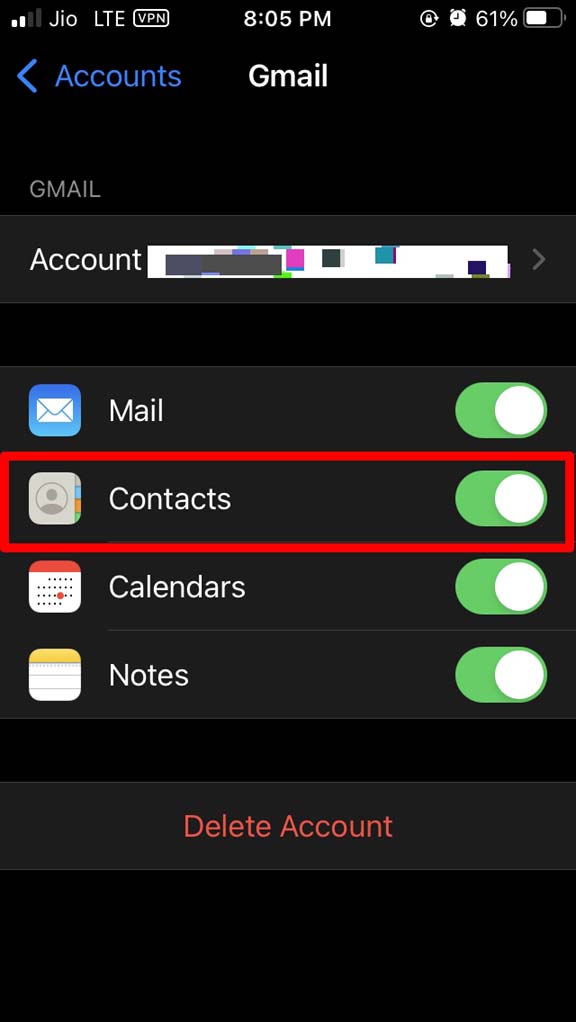 activer les contacts pour tous les comptes connectés sur iPhone