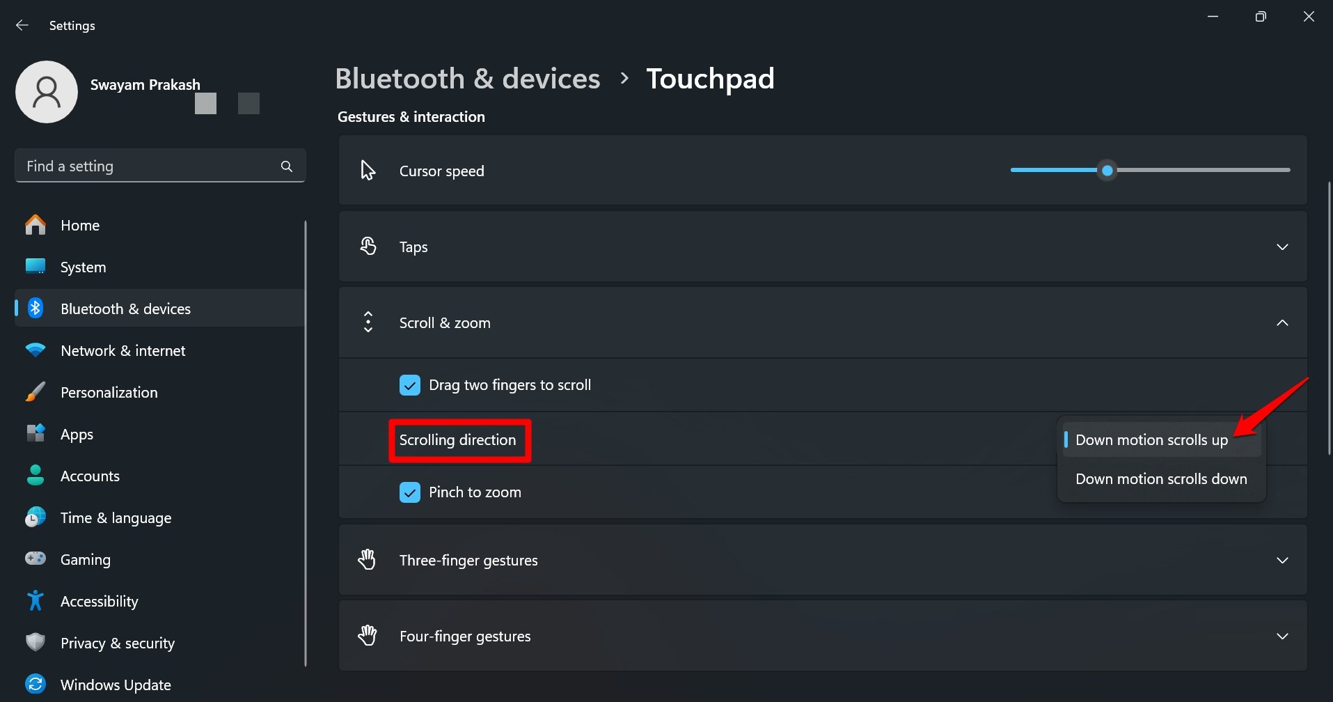 como inverter a direção de rolagem do touchpad no Windows 11