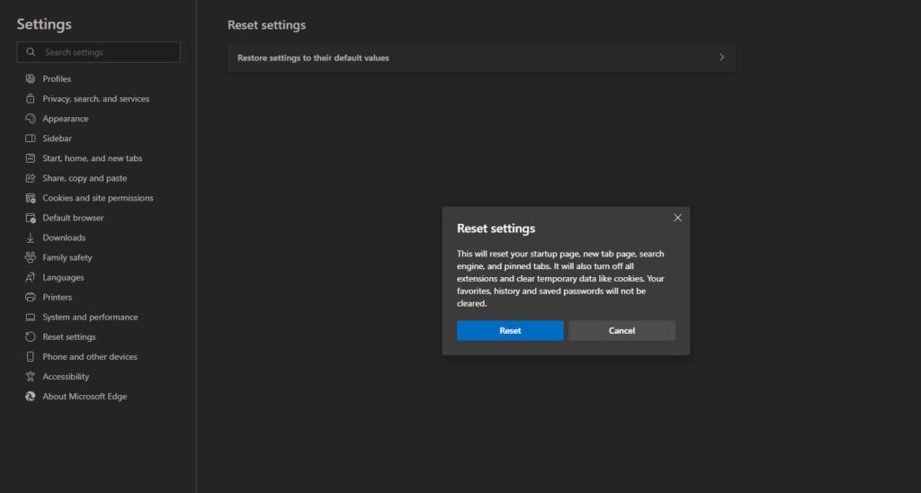 Ripristina le impostazioni di Edge - Microsoft Edge non risponde