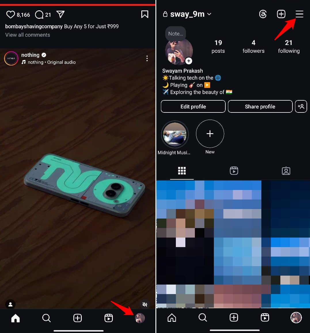 menú de perfil de Instagram