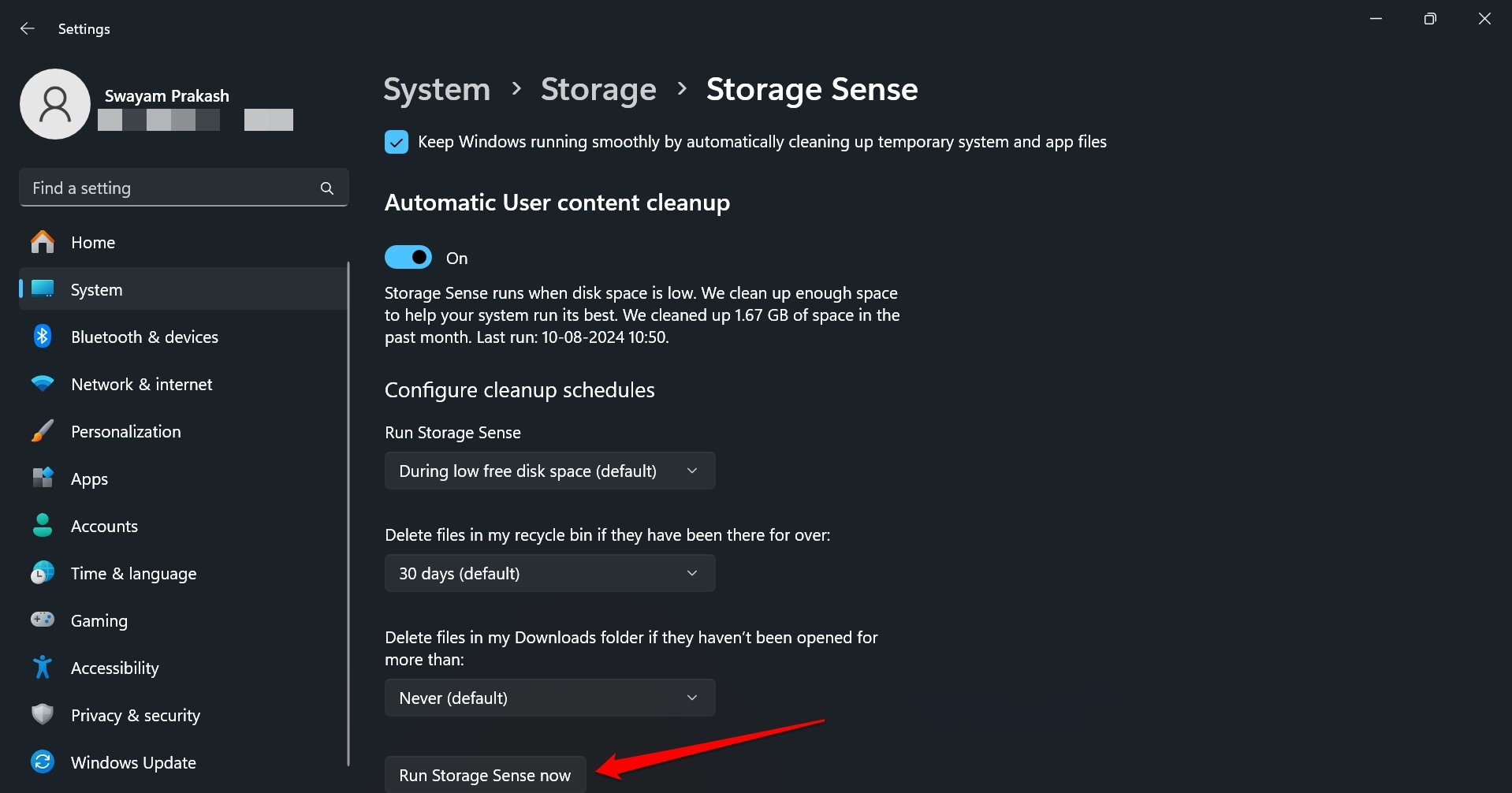 Windows 11 esegui storage sense ora