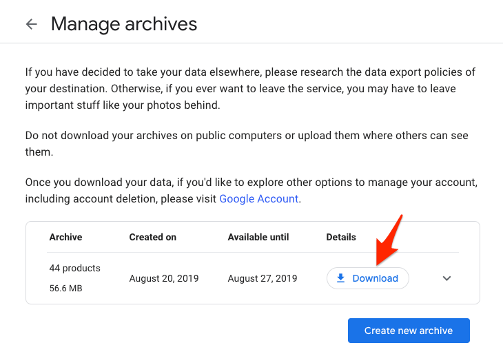 Archive verwalten Google Takeout Download