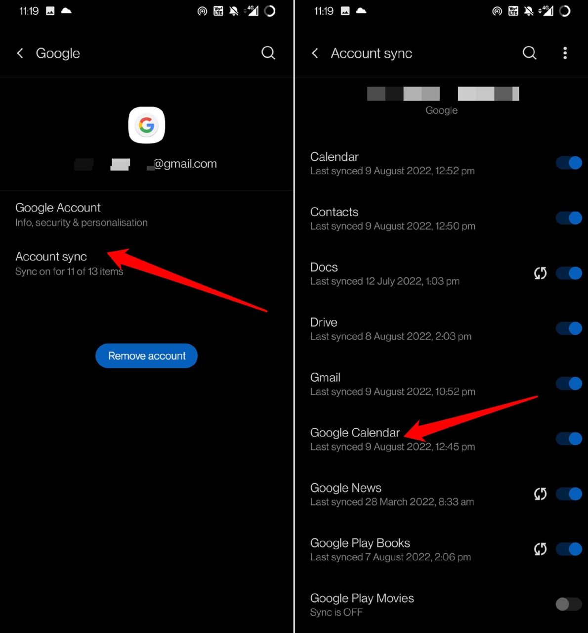 ativar sincronização da conta para o google calendar