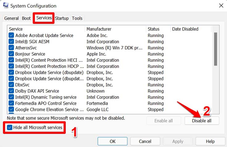 모든 Microsoft 서비스 숨기기