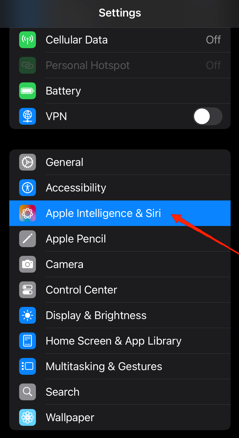 Прокрутите вниз и нажмите на Apple Intelligence.