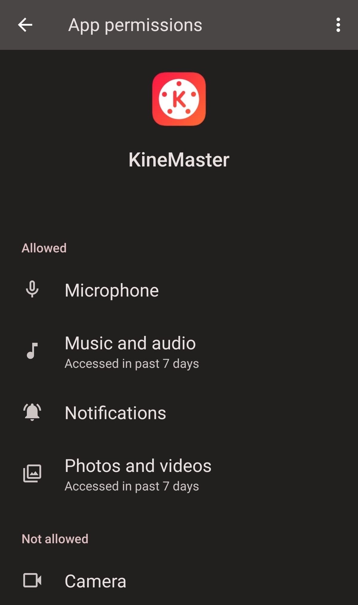 KineMaster 앱에서 요청한 권한