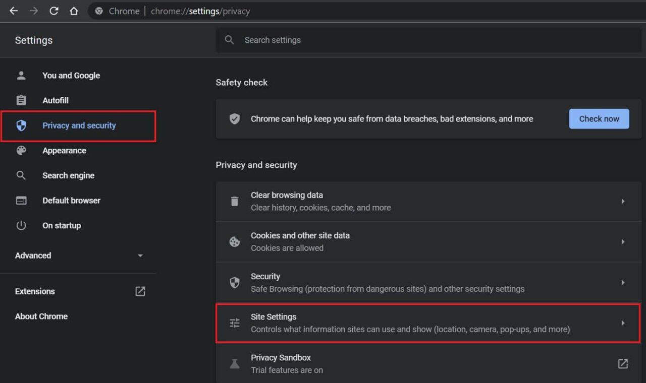 Impostazioni sito di Chrome