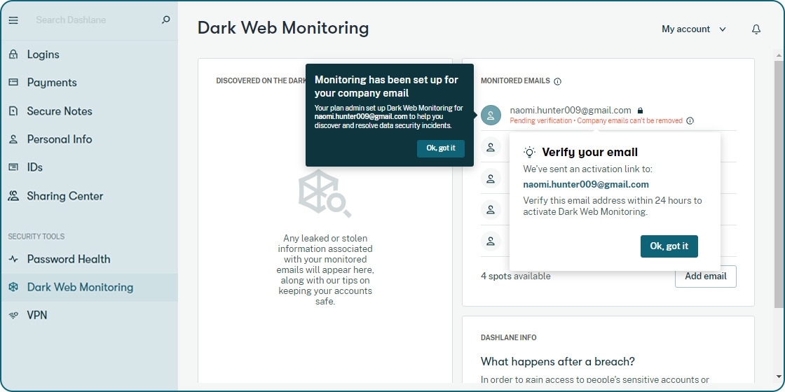 Funzione di Monitoraggio del Dark Web di Dashlane - Recensione di Dashlane