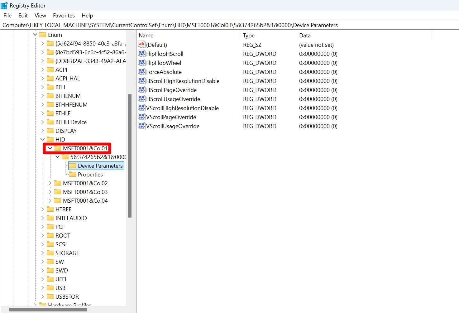 acessar o HID do mouse no registro do Windows