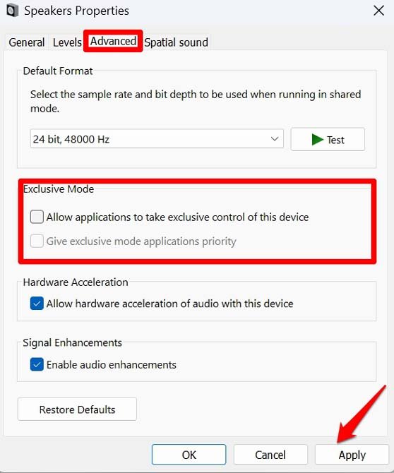 desactivar modo exclusivo para audio del sistema
