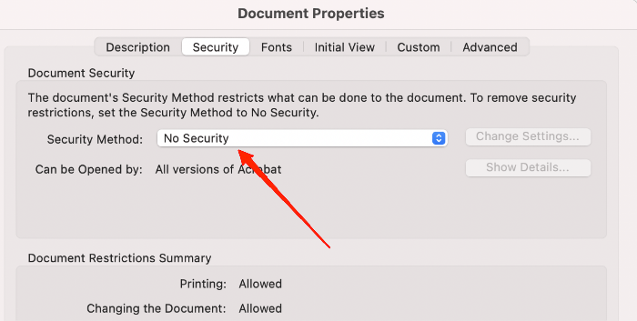 Para el Método de Seguridad, selecciona sin contraseña en el menú desplegable.