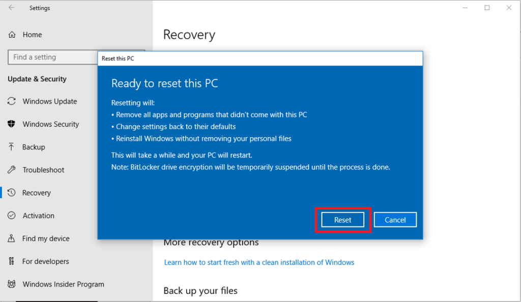 Ripristinare Windows 10