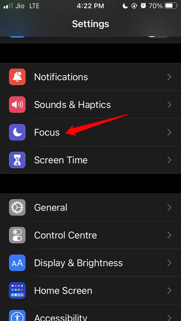 abrir la configuración del Modo de Enfoque en iOS 15