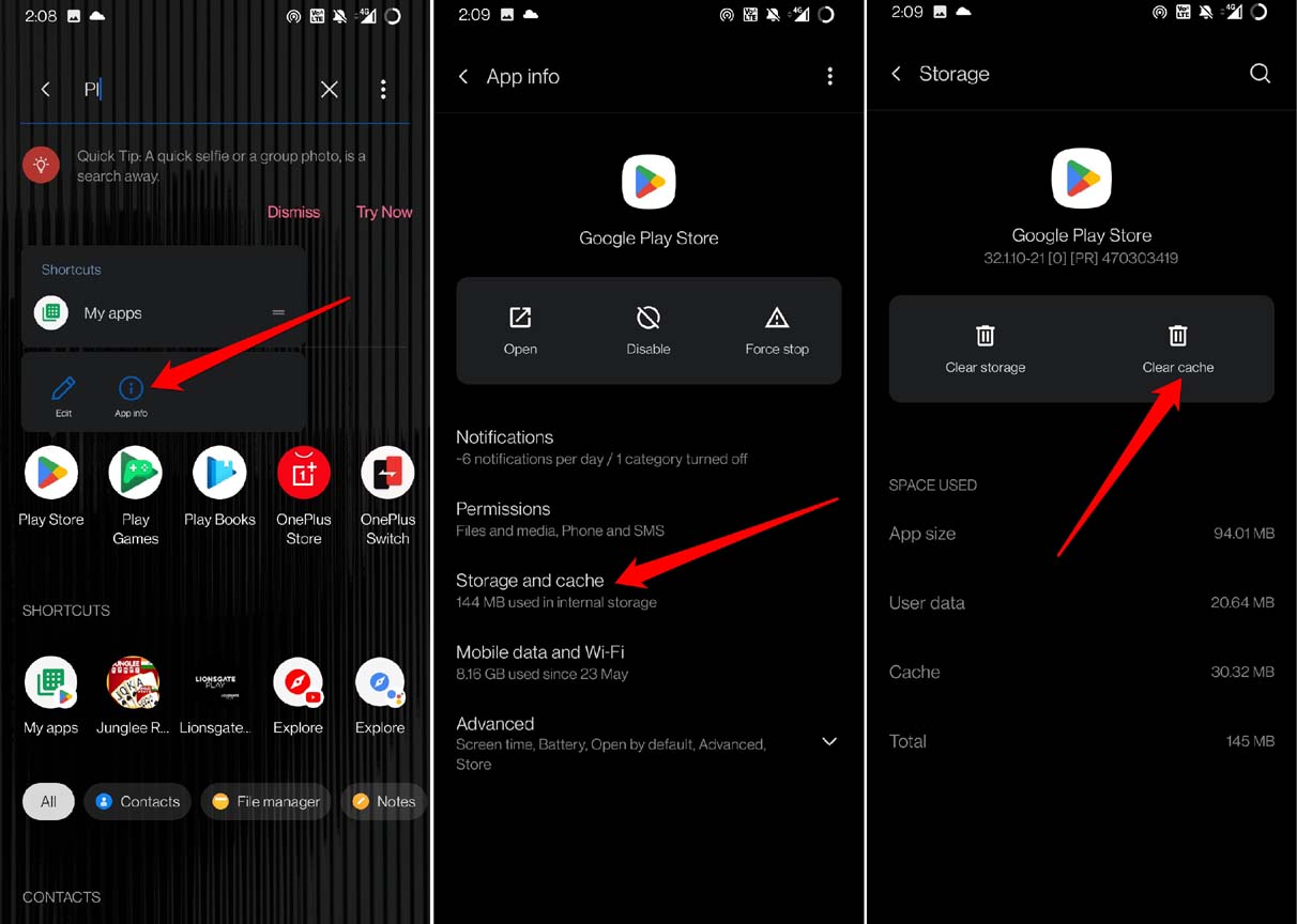 cancella cache del Play Store