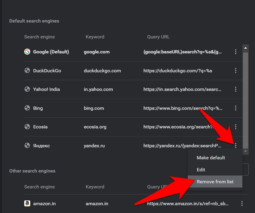 rimuovi motore di ricerca da chrome