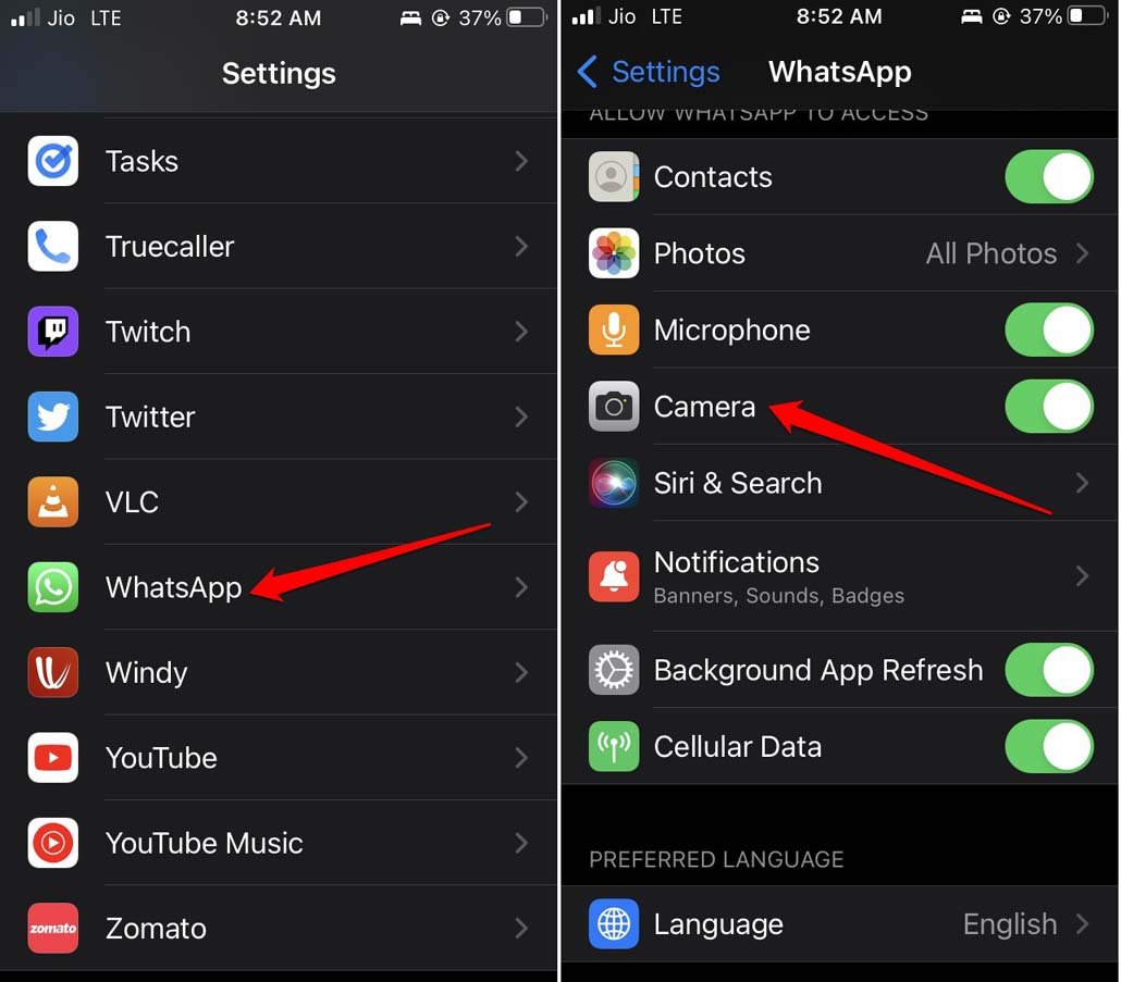WhatsAppのカメラの権限を有効にする