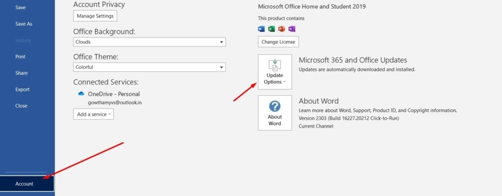 Options de mise à jour du compte Word - Erreur Word 0x88ffc009 dans Windows 10/11