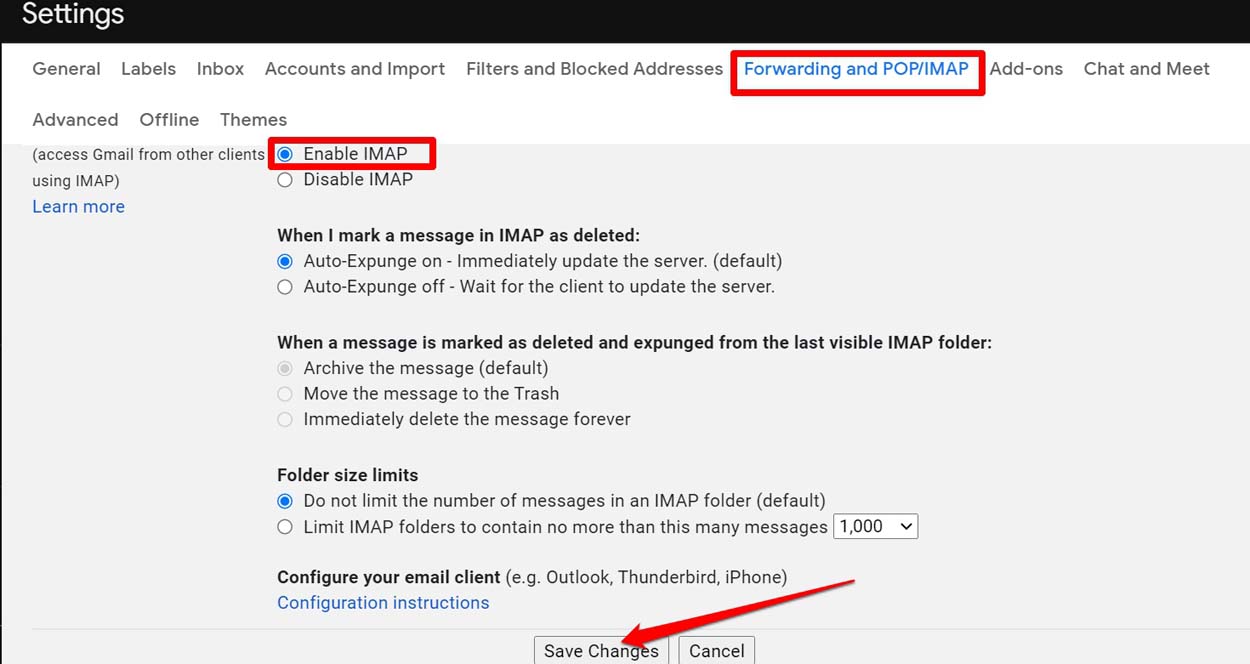 Gmail에서 IMAP 활성화