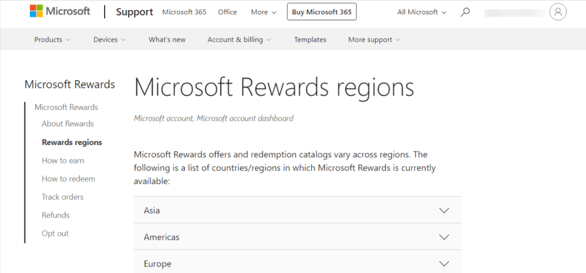 Região do Microsoft Rewards