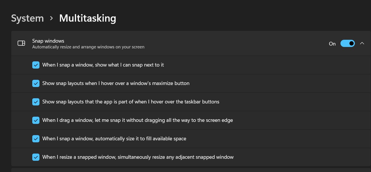 Windows 11 스냅 레이아웃 옵션