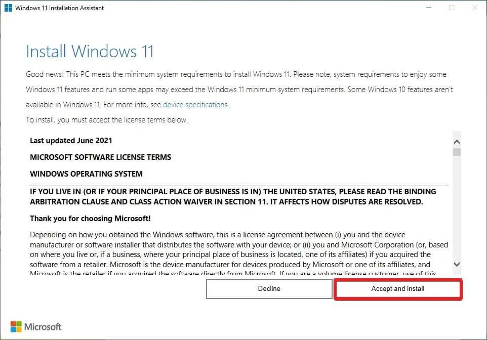 Drücken Sie die Schaltfläche Akzeptieren und installieren, um Windows 11 zu installieren
