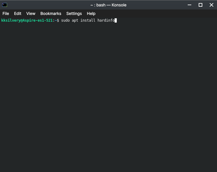 「ターミナル」を開き、「sudo_apt_install_hardinfo」と入力し、エンターキーを押します