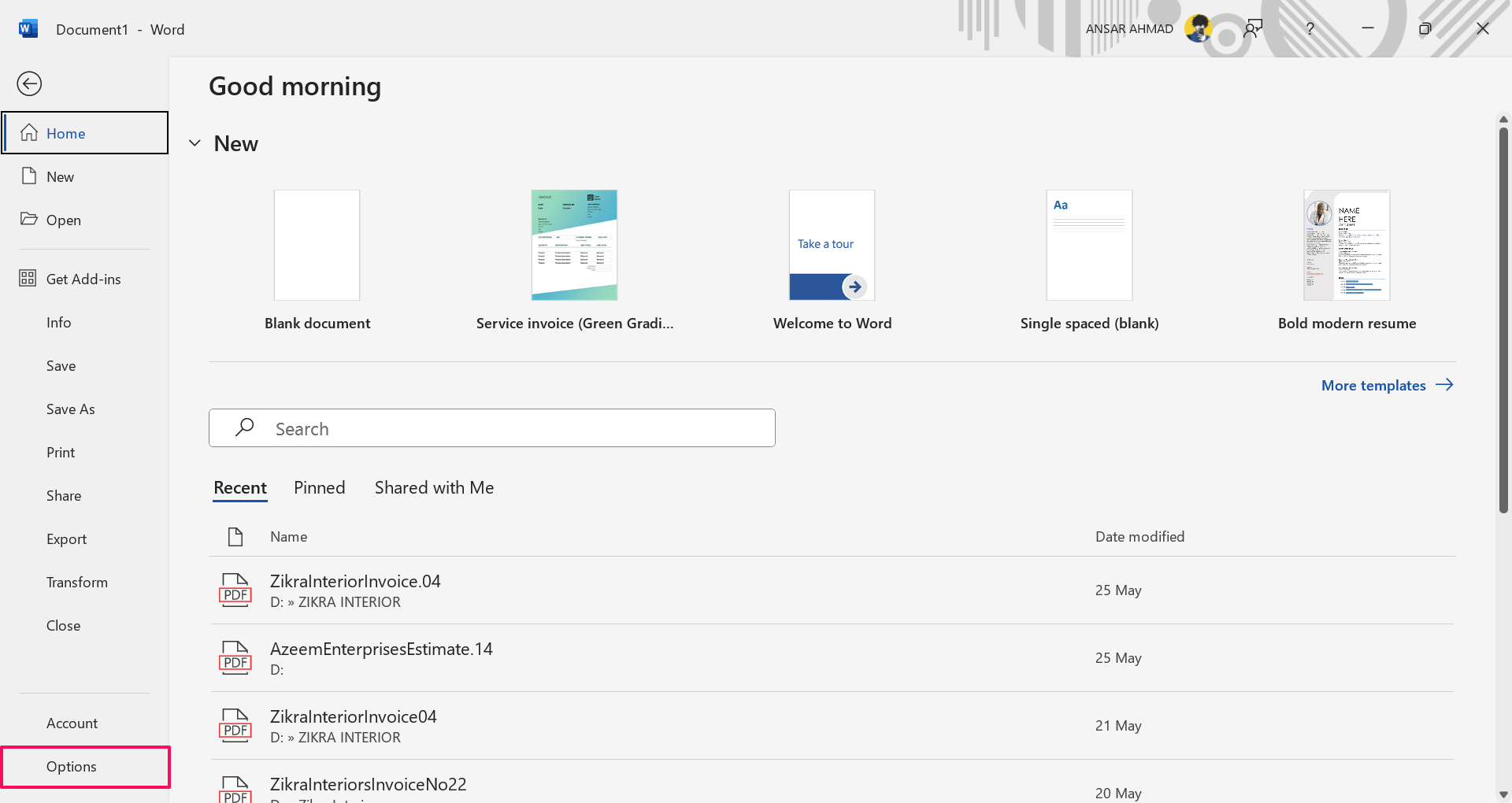 Scegli Opzione nel Documento Word