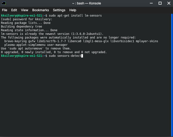 今、「sudo_sensors-detect」と入力してツールにマシンにどのセンサーがあるかを確認させます