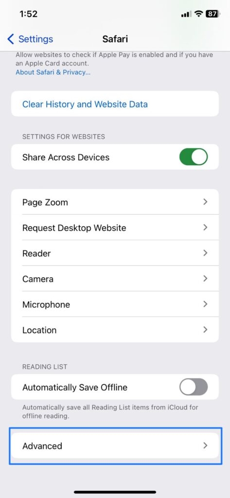 Paramètres Safari - L'iPhone ne peut pas accéder à certains sites