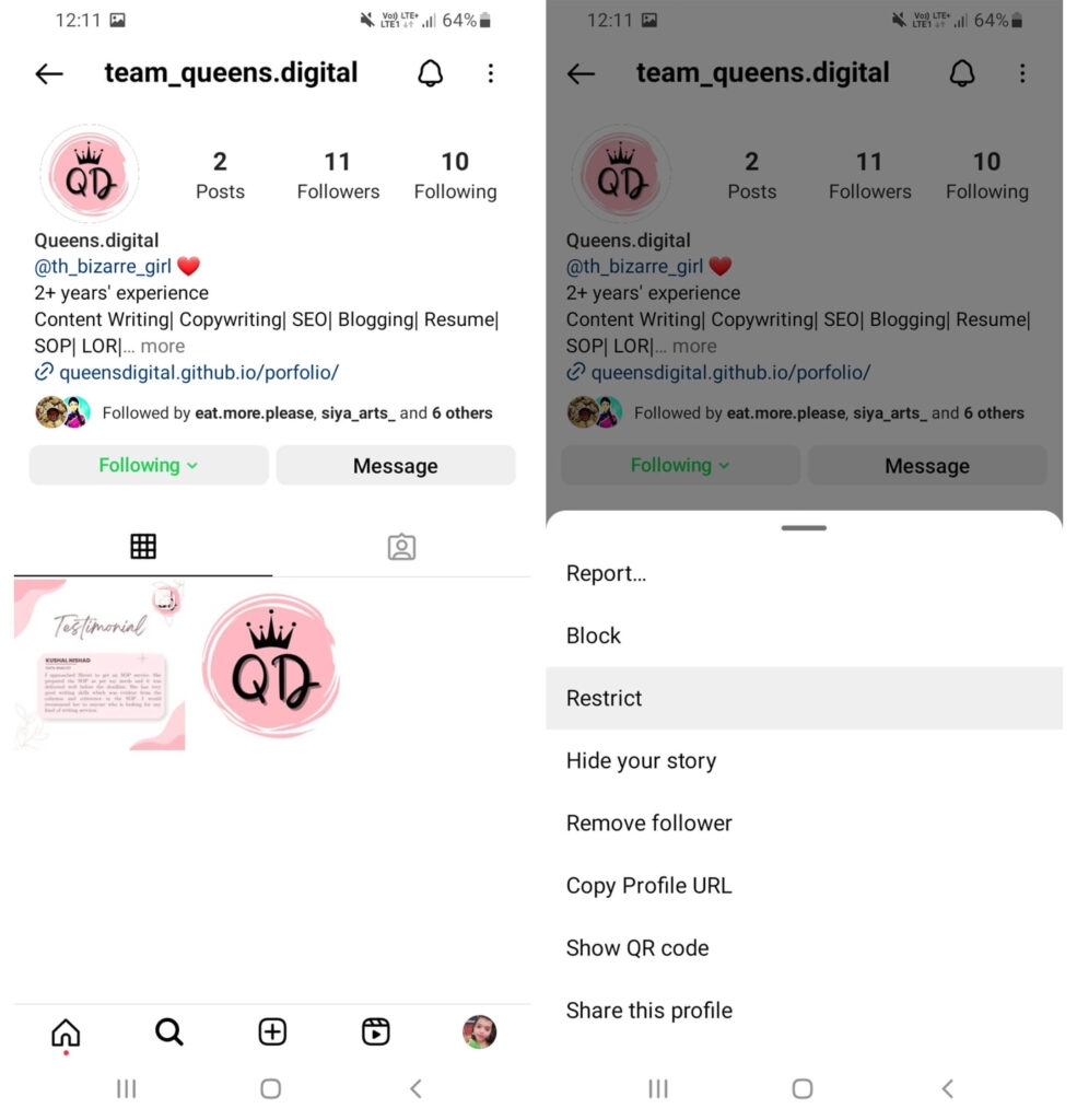 Restringir la cuenta del remitente - Ver mensajes de Instagram sin abrir