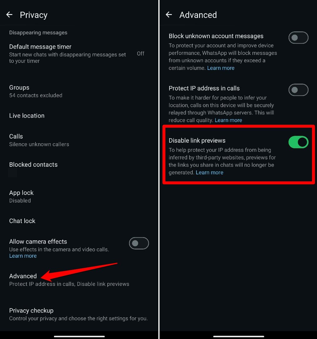 disabilita anteprime dei link in WhatsApp Android